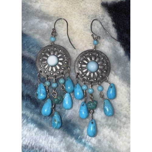 -ORECCHINI VINTAGE Avon pendenti turchese su argento stile sud-ovest 3”L - Foto 1 di 8