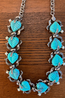 Vintage Navajo style squash blossom necklace carved faux turquoise leaf necklace