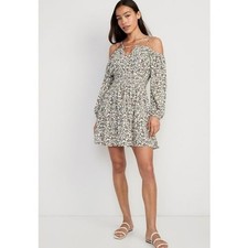 OLD NAVY Women's Waist-Defined Floral Cold-Shoulder Cutout Smocked Mini Dress-S