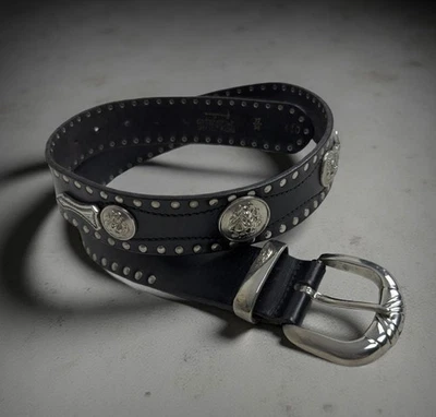Vintage GIANNI VERSACE Belt Womens 75 30 S Black Leather Rhinestone Italian FLAW Vintage Gianni Versace Medusa Leather Belt – Gold Buckle  main image 4