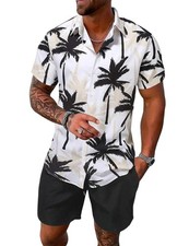 Men's Summer 2 Piece Outfits Tropical Print Short Sleeve Button Down Hawaiian...