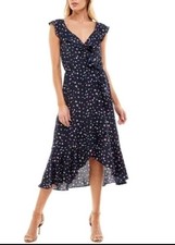 SOCIALITE Navy Abstract Print Wrap Midi Dress Ruffle 3/4 Sleeve Pink Yellow M