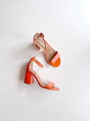 L'INTERVALLE Eos Orange Leather Open Toe Ankle Strap Block Heel Sandals, Size 7