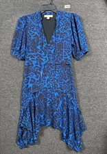 Michael Kors Dress Womens 0 Blue Leopard Print Puff Sleeve Fit & Flare Asym Hem