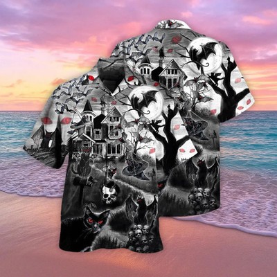 Halloween Night Hawaiian Shirt, Haunted House Aloha Shirt, Gothic Black Cat