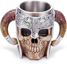 Stainless Steel Double Handle Horn Skull Beer Cup, Viking Warrior Skull Mug Tank