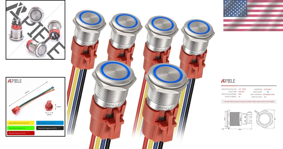 High-Performance 19mm Latching Push Button Switch - 6 Stainless Steel Units - Image 2 of 4