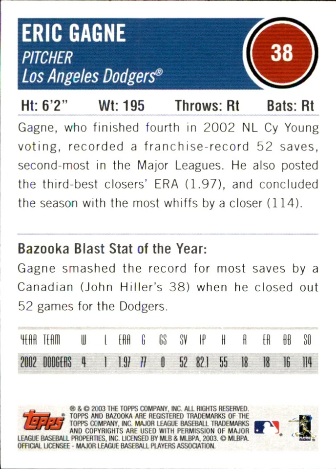 Eric Gagne 2003 Bazooka #38 Los Angeles Dodgers FREE SHIPPING AutographDen - Image 2 of 2