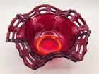 VTG Fenton Amberina Glass Basket Weave Bowl Open Lattice Ruffle Edge 6½" GLOWS
