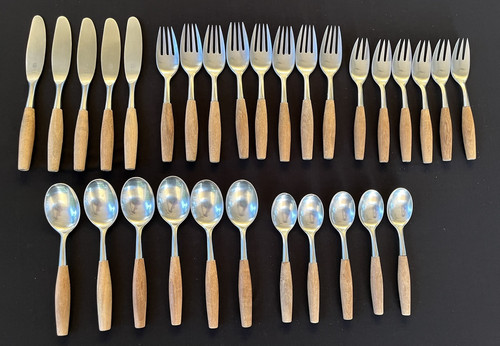 30 Pcs DANSK MCM Fjord Wood Handle Stainless 4 Ducks Logo Germany Flatware Lot - Picture 1 of 13