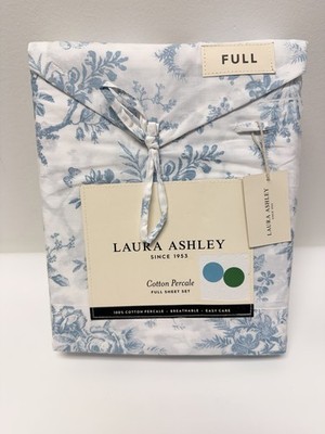 Laura Ashley Full Blue White Floral Cotton Percale Sheet Set 4pc