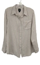 GAP Womens Striped Beige White Top Shirt Blouse M Button Down Long Sleeve Preppy