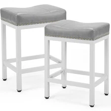 Saddle Bar Stools Set of 2, 24 Inch Counter Height Stools with Curved PU Leat...
