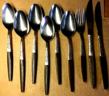 Vintage Interpur Stainless Flatware Canoe Muffin Wood Handles  9 pieces - Japan