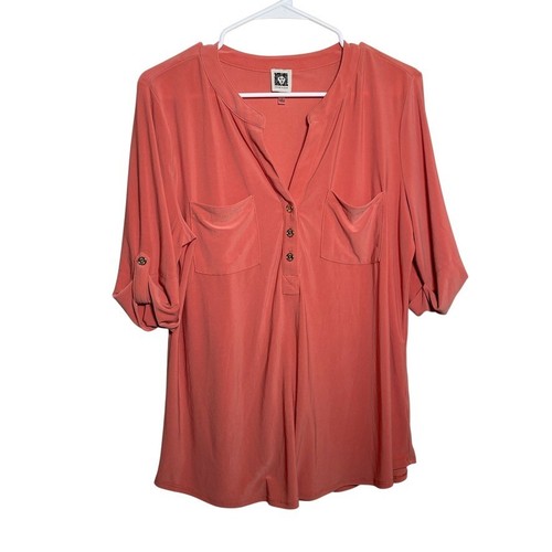 Anne Klein Bluse Damen großer V-Ausschnitt Karriere einfarbig Shirt Oberteil Tasche Knopf