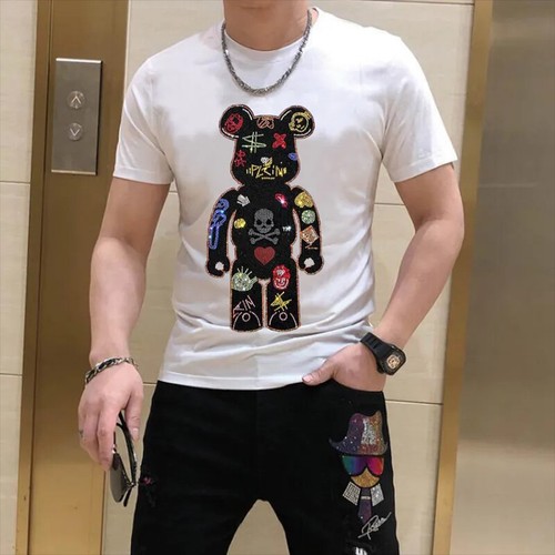 New Fashion Rhinestones Bear Short Sleeve Luxury Men Black White T-Shirt - Picture 10 of 10