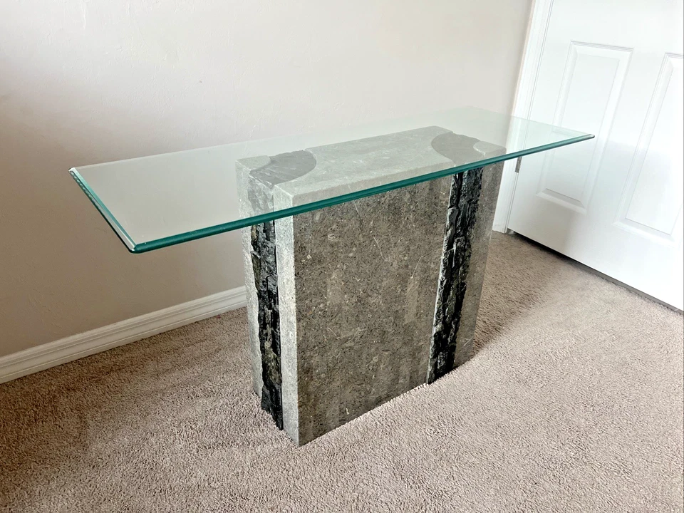Mesa consola de vidrio de piedra teselada Maitland Smith posmoderna años 80’s Foto 3 de 4