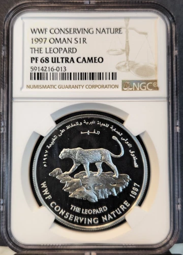 1997 OMAN SILVER 1 RIAL S1R THE LEOPARD NGC PF 68 ULTRA CAMEO SCARCE COIN