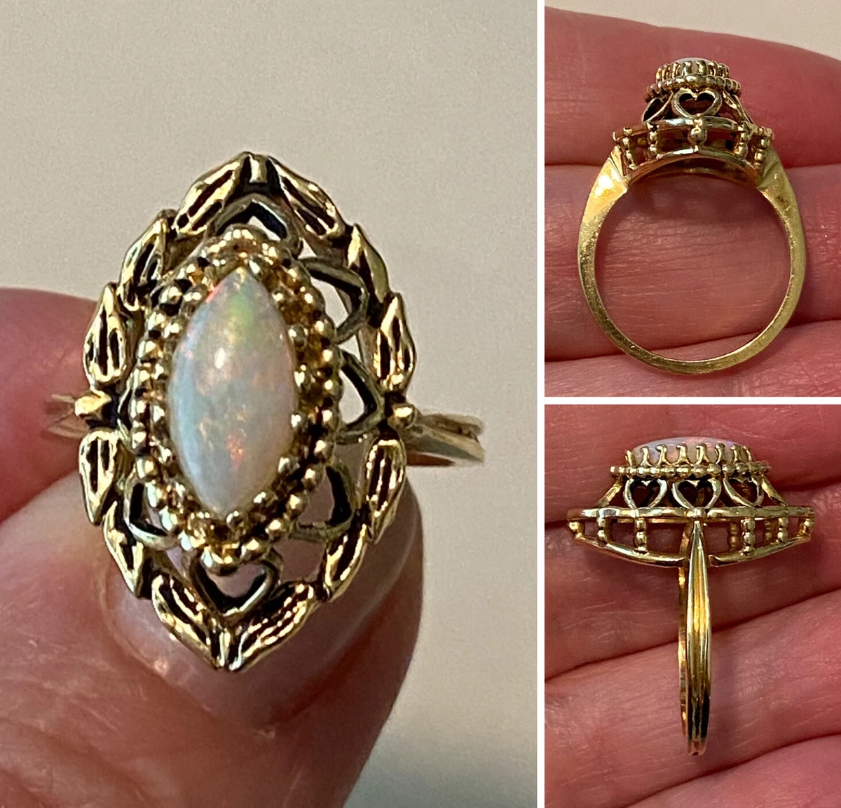 Vintage 1950s Signed ELBE 14K Yellow Gold Marquise Opal Filigree Dome Ring  Sz5.5