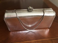 Silver Metallic Clutch Purse w/ Pearl Clasp Rope Strap 8x5x2 Weddings Parties