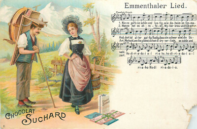 Emmenthaler Lied Alpine folk types Suchard chocolate advertising card (damage)