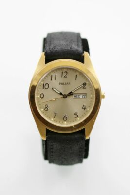 Pulsar Men Watch Stainless Steel Gold Leather Black Day Date Champagne Quartz