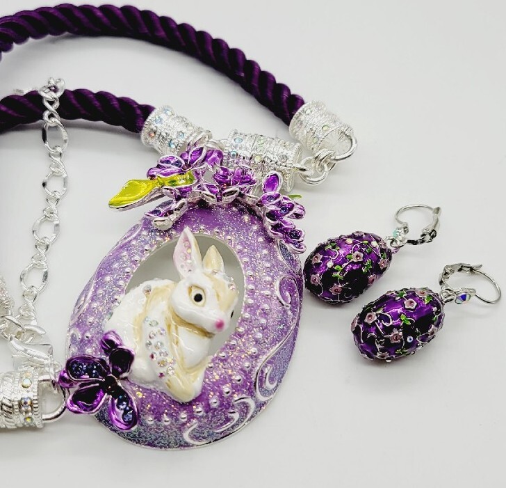 Kirks Folly Bunny Kisses Necklace & Earring 3 pc SET Purple Silver