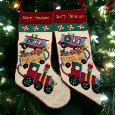VTG Christmas Red Green Stocking 20'' Needlepoint Handmade Santa Train Express