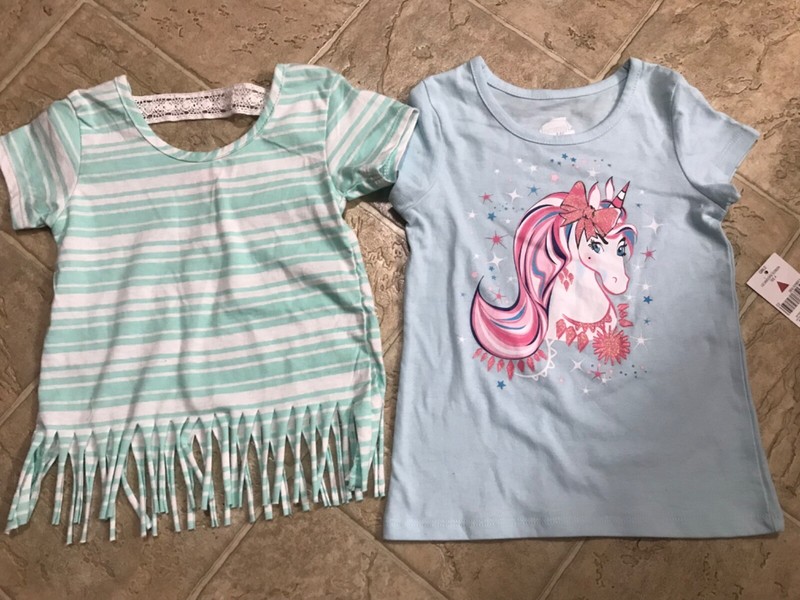 girls t-shirts lot of 2 unicorn & fringed hem striped  t-shirt size 4 lot of 2,