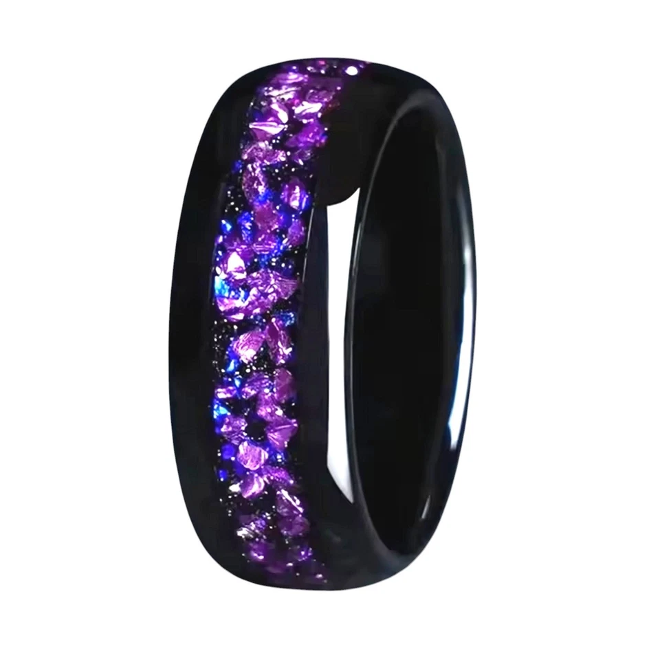 Anillo de boda sintético de tanzanita negro de acero inoxidable púrpura para hombre y mujer Foto 2 de 4