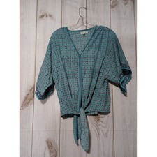 Max Studio Teal Geometric Medallion Tie Front V-Neck Kimono Sleeve Blouse Large