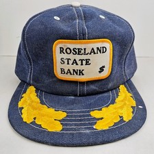 Vintage USA MADE Denim Roseland State Bank Patch Scrambled Trucker Hat Snapback