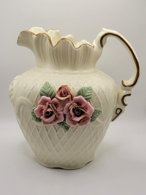 VINTAGE ORNATE BISQUE PORCELAIN HANDLE VASE WITH 3D ROSES 9.75x8in