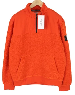 CALVIN KLEIN Badge Sherpa Sweat-shirt Homme M Orange Polaire Manches Longues - Photo 1/4