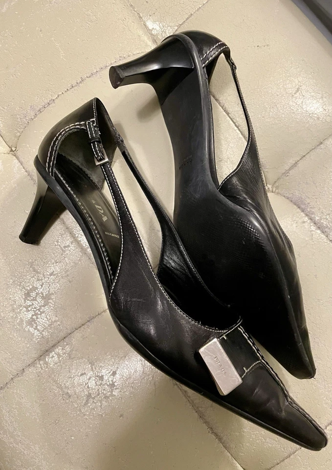 Tacones de gatito vintage de cuero suave negro Prada talla 39,5 punta puntiaguda del Reino Unido Foto 4 de 4