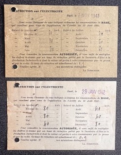 Relevés restriction électricité Guerre 39 40 1941/42