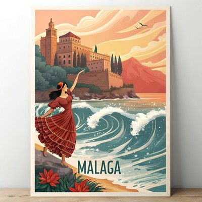 Magisches Malaga Spanien Reise Poster - Alcazaba und Flamenco Kunstdruck_mehrDetail_