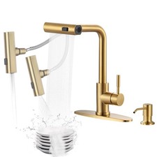 Waterfall Kitchen Faucet with Soap Dispenser: Gold Kitchen Faucet with Pull D...