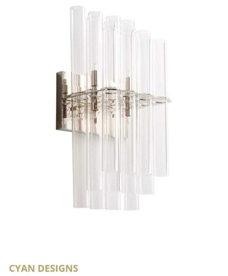 NOVO Copo 4 Tubos de Vidro Transparente Claro Arandela de Parede Designs Ciano Acabamento em Níquel - Imagem 2 de 4