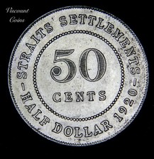 Straits Settlement George V Silver 50c 1920 EF (1)