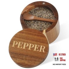  PEPPER Cellar, Acacia Wood Salt Container with Built Acacia Wood PEPPER Cellar