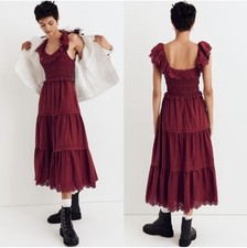 Madewell Lucie Embroidered Cotton Midi Dress Ruffe Size 14 Red Maroon NH092