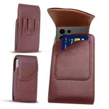 Vertical Leather Phone Holster with Belt Clip – Magnetic Closure Medium Brown