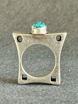 Modernist Brutalist Navajo Sterling Silver and Spider Web Turquoise  Size 9 3/4