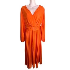 NWT Milk & Honey Orange Wrap Front Long Sleeve Pleated Belted Maxi Dress M