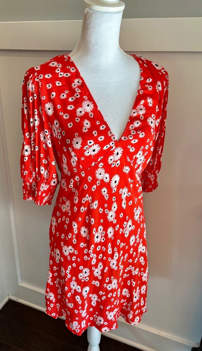 RIXO Women's Mini Dress V-Neck Puff Sleeve Daisy Print Size 10 Red