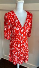 RIXO Women's Mini Dress V-Neck Puff Sleeve Daisy Print Size 10 Red