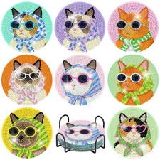 8 Pcs Retro Cat Diamond Painting Coasters Kits with Holder,Funny Cat Diamond Art