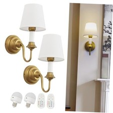 Battery Operated Wall Sconces Set of 2,Vintage White Fabric Lampshade Brass