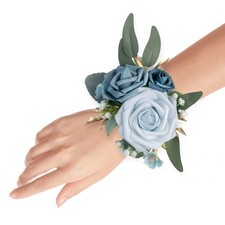 2 PCS Wrist Corsage Wristlet Artificial Roses Wedding Prom Dusty Blue